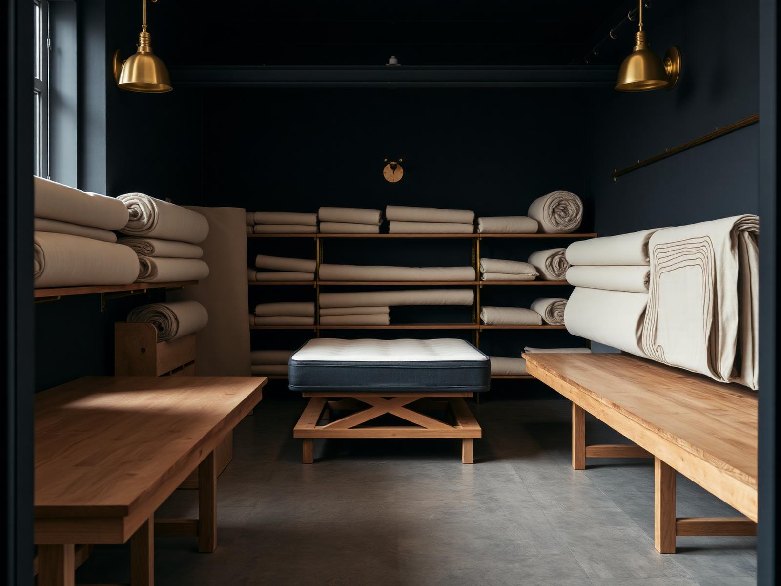 The Ruthef atelier workshop with natural fibres, brass shelves and a finished mattress