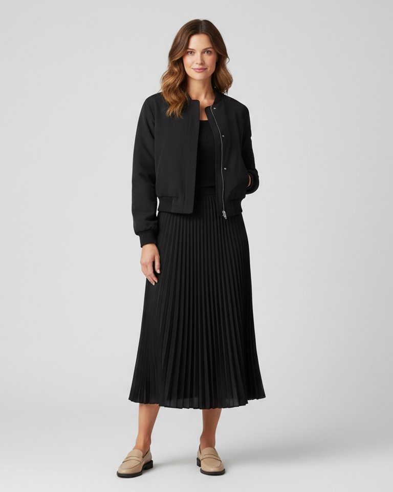 Black Bomber & Pleated Skirt Matching Set
