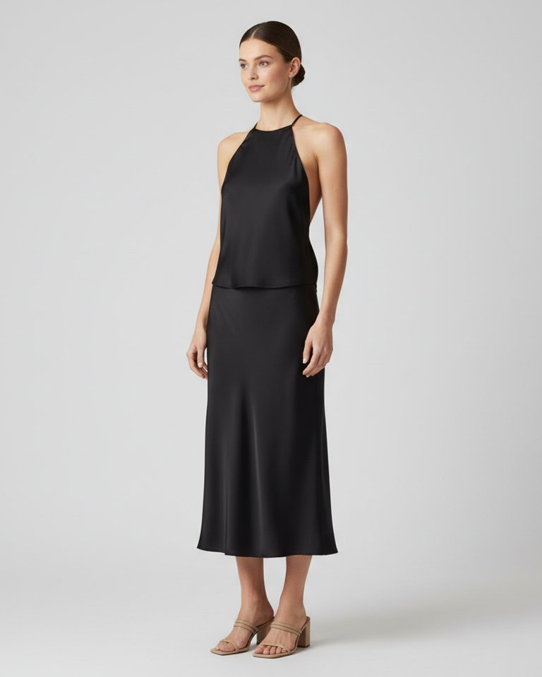 Black Halter Top & Bias Skirt Matching Set