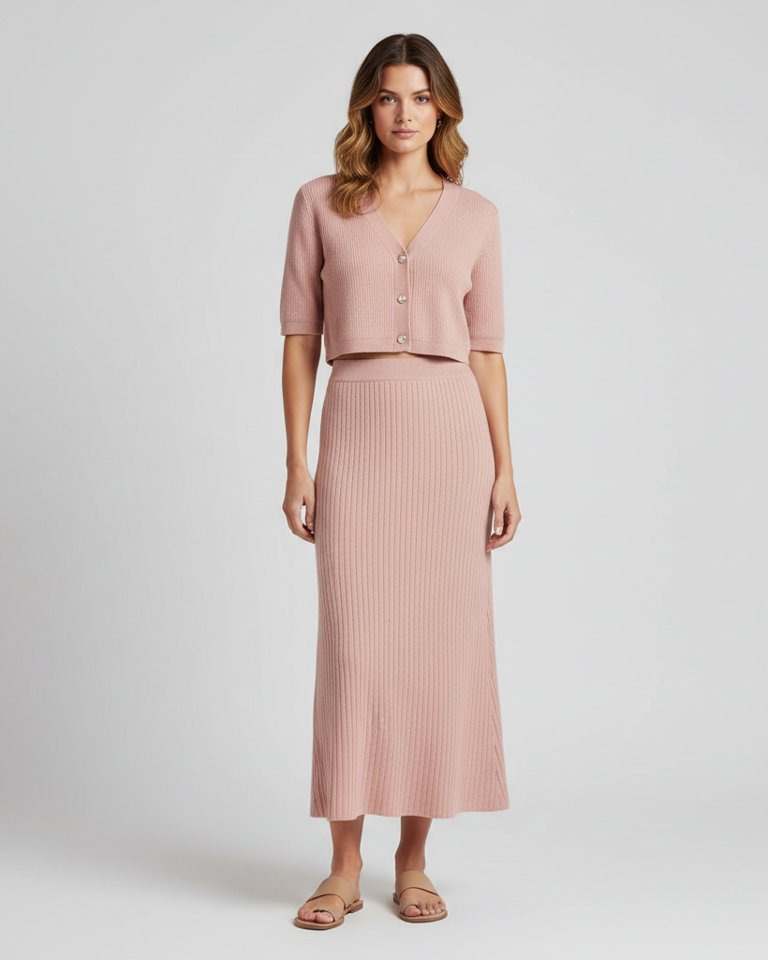 Blush Knit Cardigan & Midi Skirt Matching Set