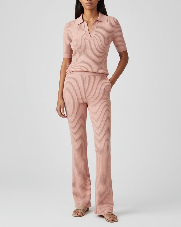 Blush Ribbed Knit Polo & Flared Trousers Matching Set