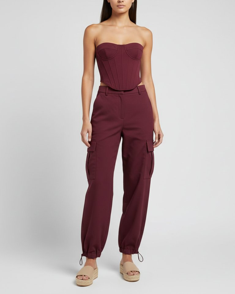 Burgundy Corset Top & Cargo Trousers Matching Set