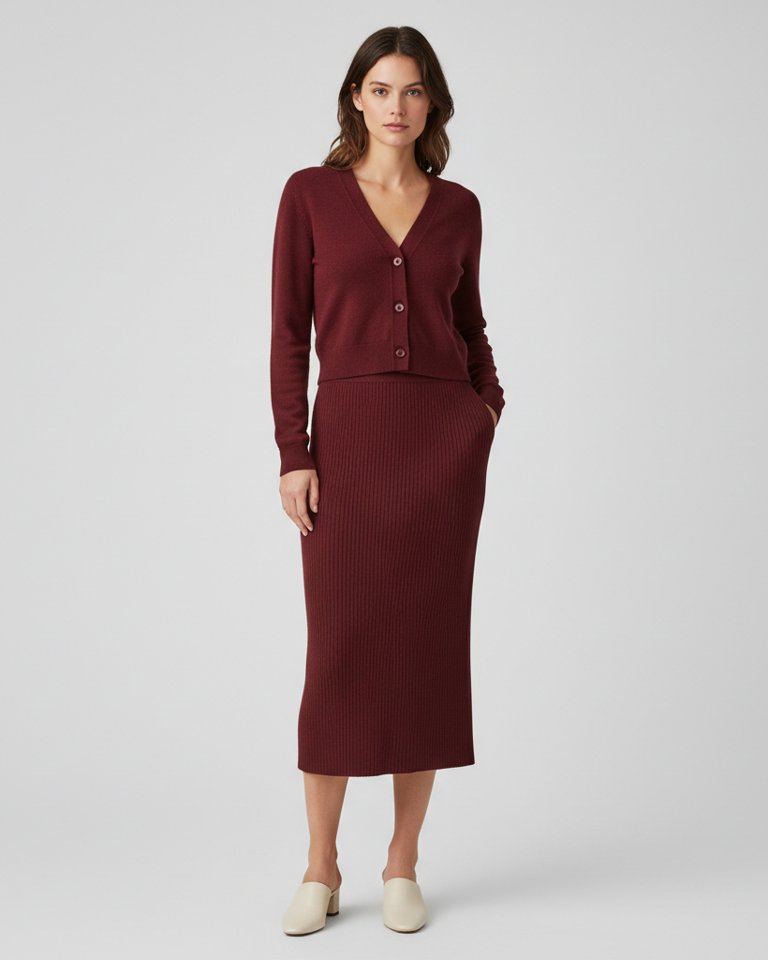 Burgundy Knit Cardigan & Midi Skirt Matching Set