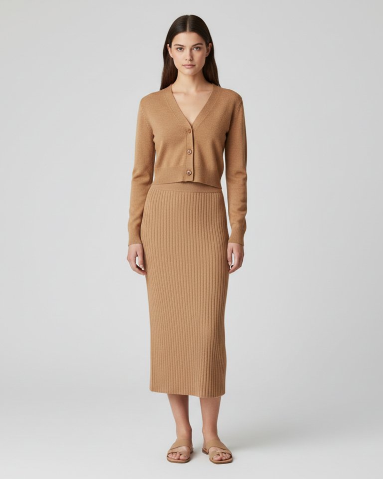 Camel Knit Cardigan & Midi Skirt Matching Set