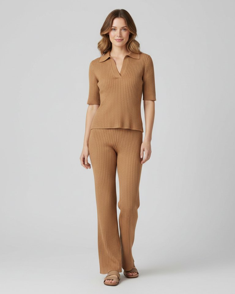 Camel Ribbed Knit Polo & Flared Trousers Matching Set