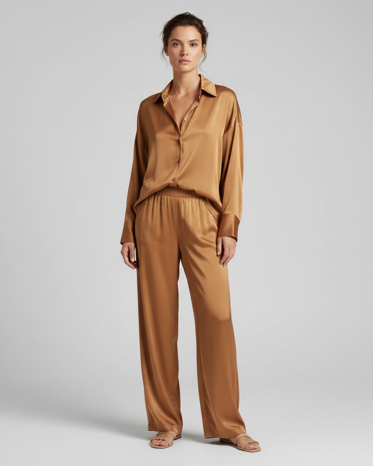 Camel Satin Shirt & Wide Trousers Matching Set