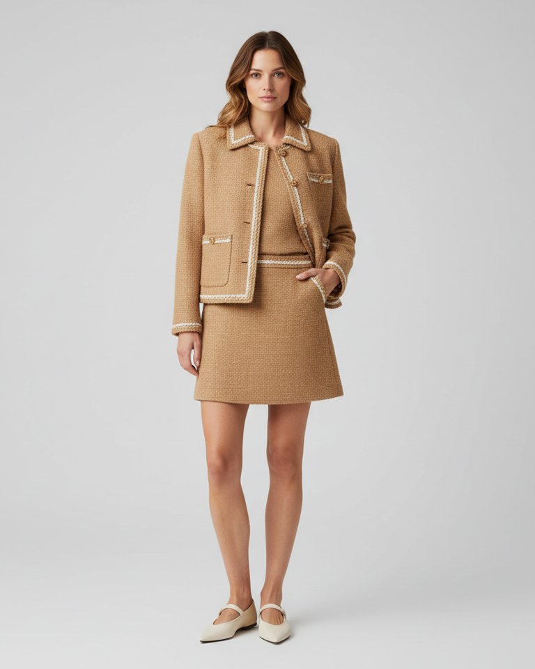 Camel Tweed-Look Jacket & Skirt Matching Set