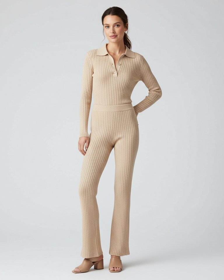Champagne Ribbed Knit Polo & Flared Trousers Matching Set