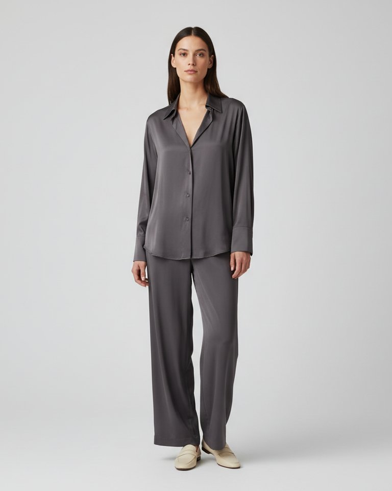 Charcoal Satin Shirt & Wide Trousers Matching Set