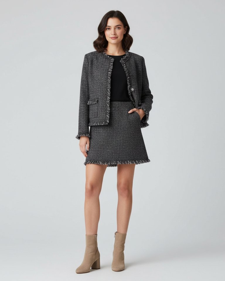 Charcoal Tweed-Look Jacket & Skirt Matching Set