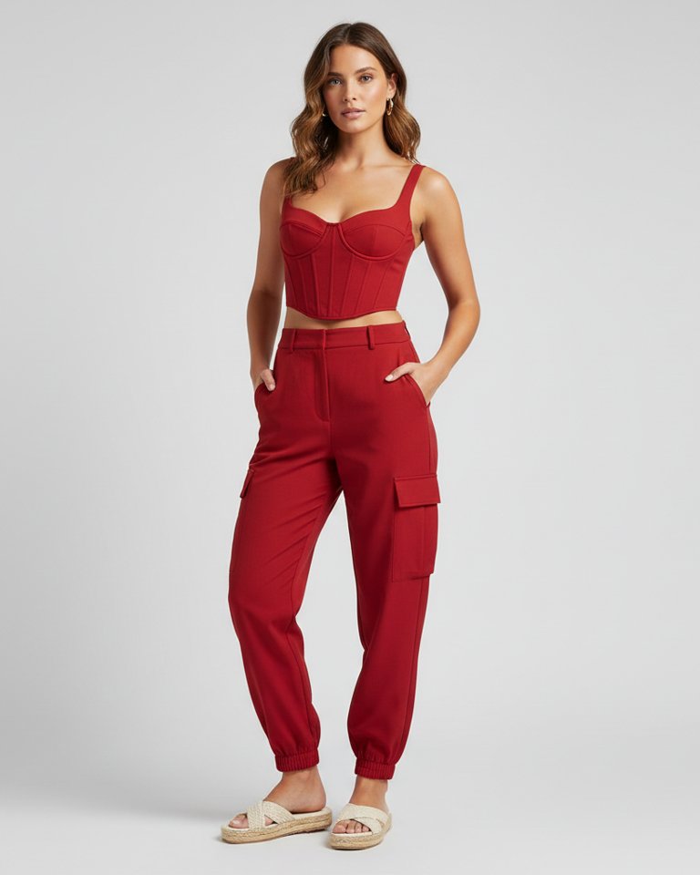 Cherry Red Corset Top & Cargo Trousers Matching Set