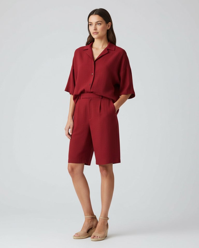 Cherry Red Linen-Look Shirt & Shorts Matching Set