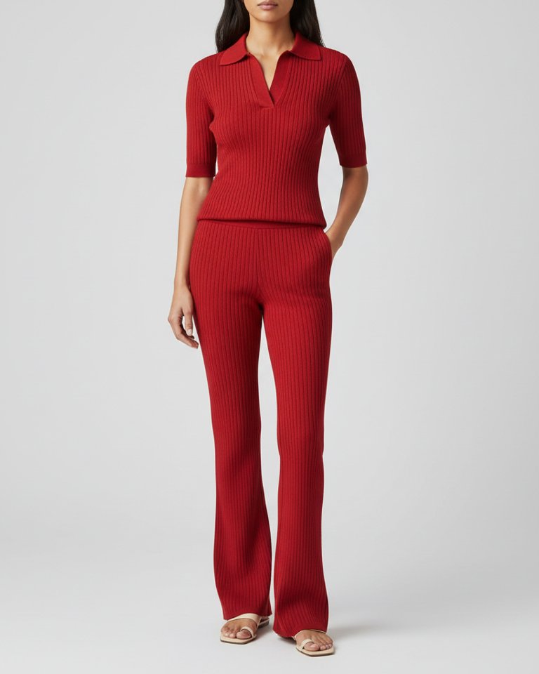 Cherry Red Ribbed Knit Polo & Flared Trousers Matching Set