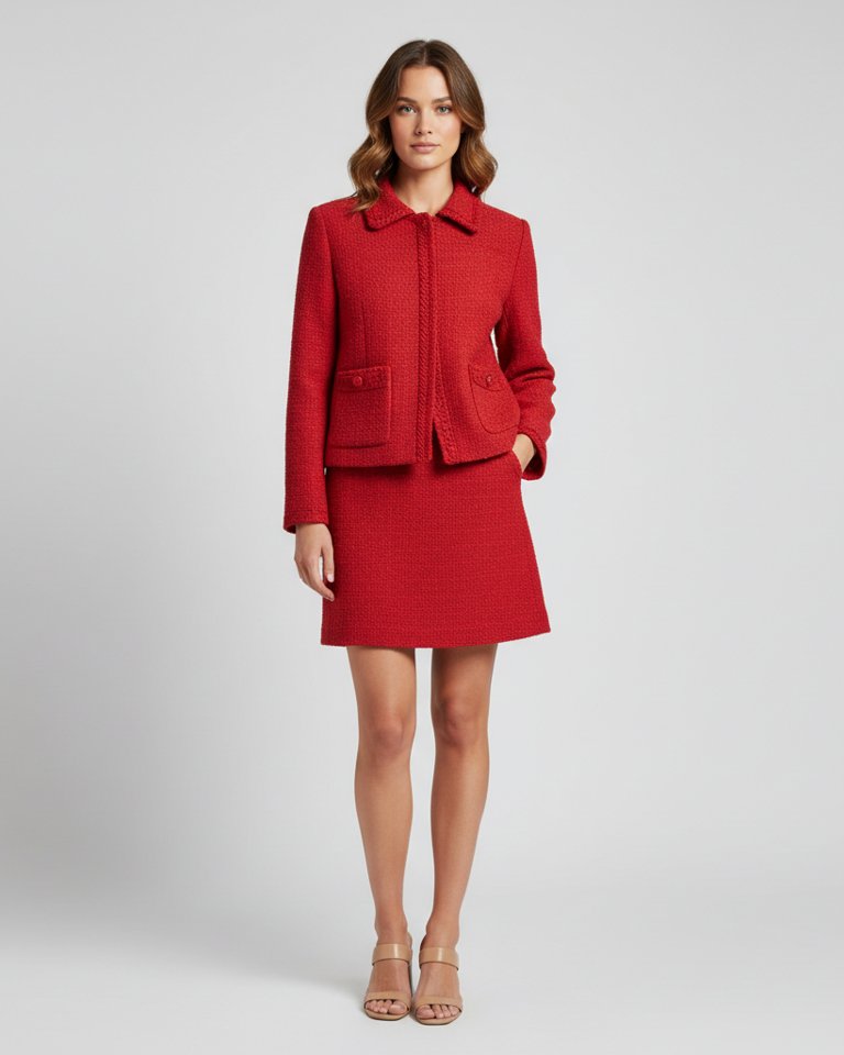 Cherry Red Tweed-Look Jacket & Skirt Matching Set