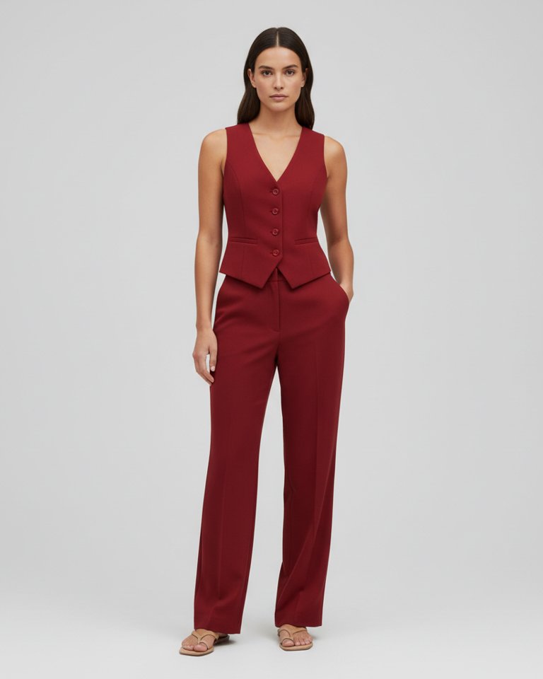 Cherry Red Waistcoat & Straight Trousers Matching Set