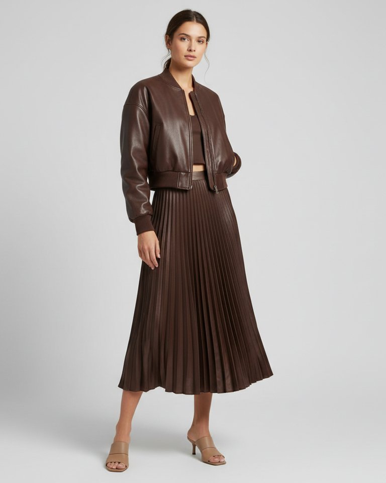 Chocolate Bomber & Pleated Skirt Matching Set