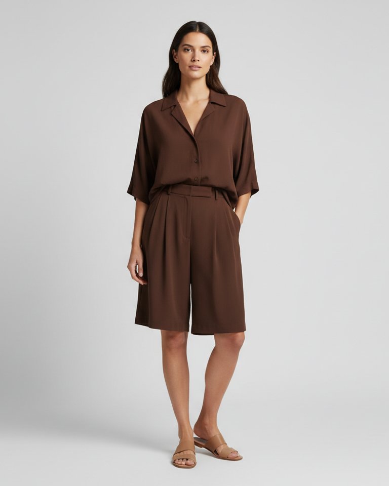 Chocolate Linen-Look Shirt & Shorts Matching Set