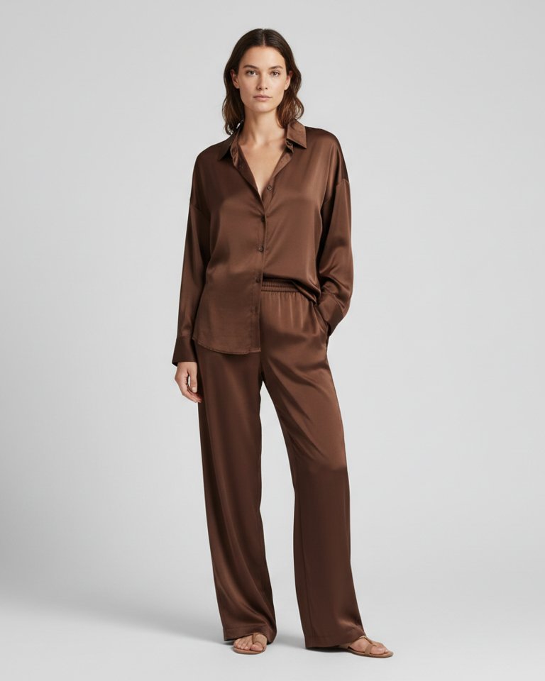 Chocolate Satin Shirt & Wide Trousers Matching Set