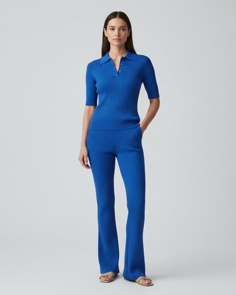 Cobalt Ribbed Knit Polo & Flared Trousers Matching Set