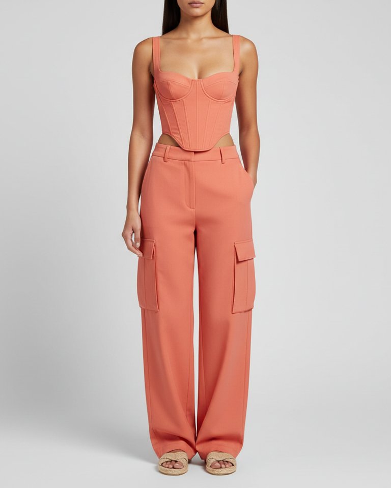 Coral Corset Top & Cargo Trousers Matching Set