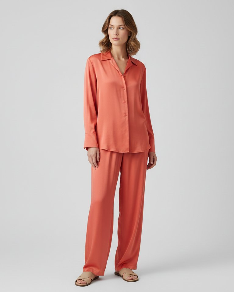 Coral Satin Shirt & Wide Trousers Matching Set