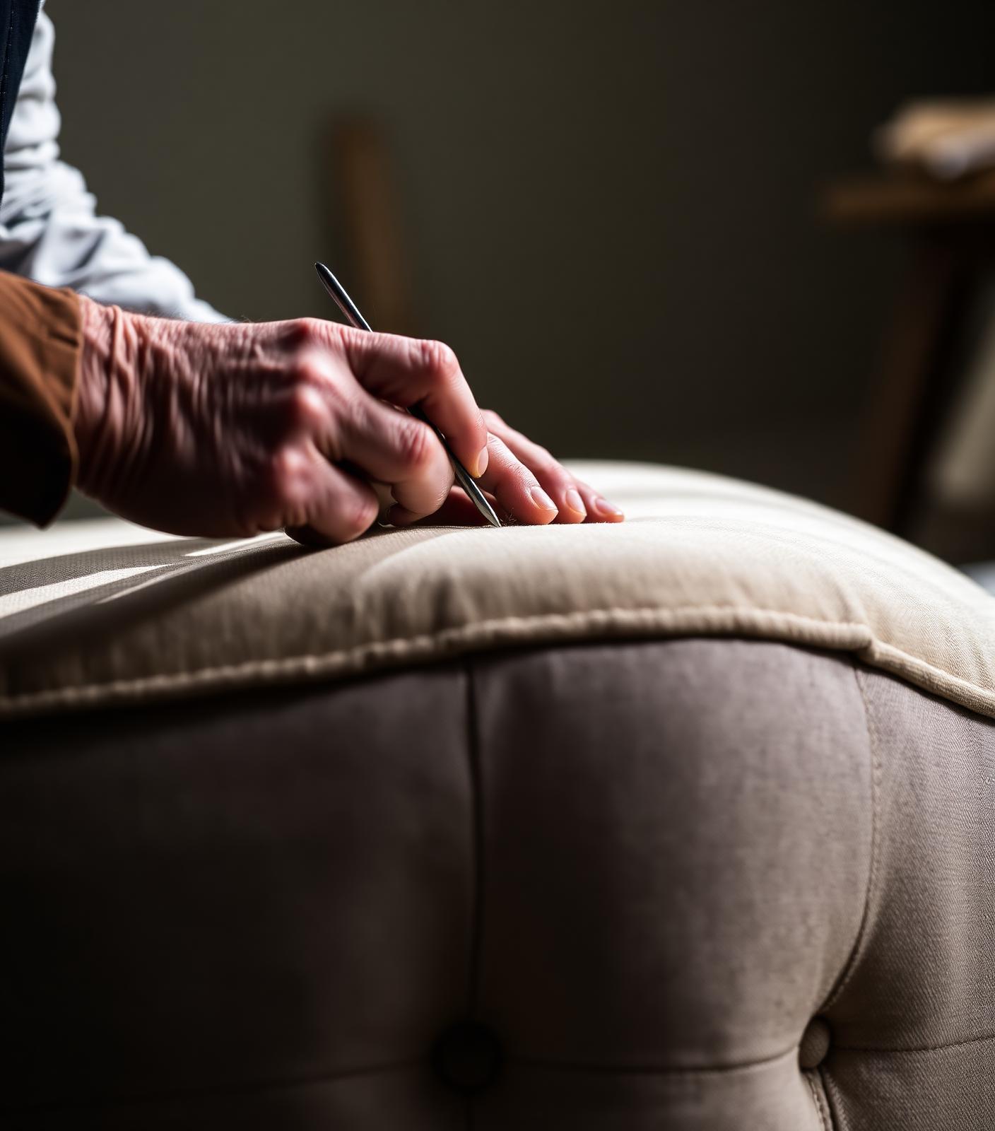 Master upholsterer's hands hand-stitching the top of a luxury mattress