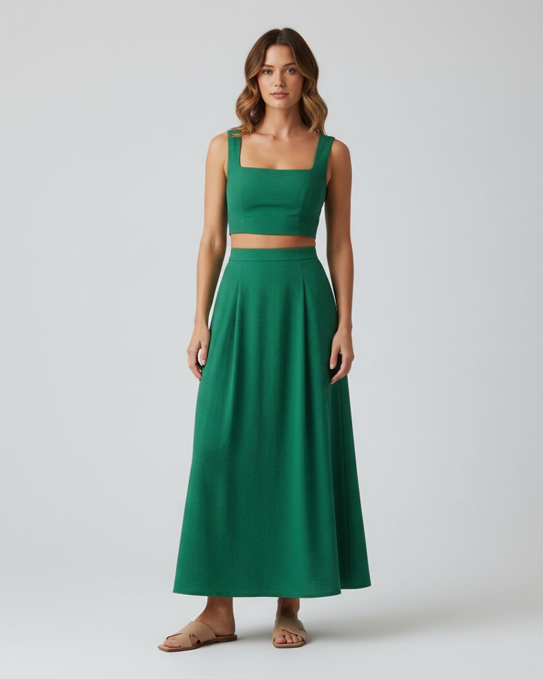 Forest Green Crop Top & Maxi Skirt Matching Set