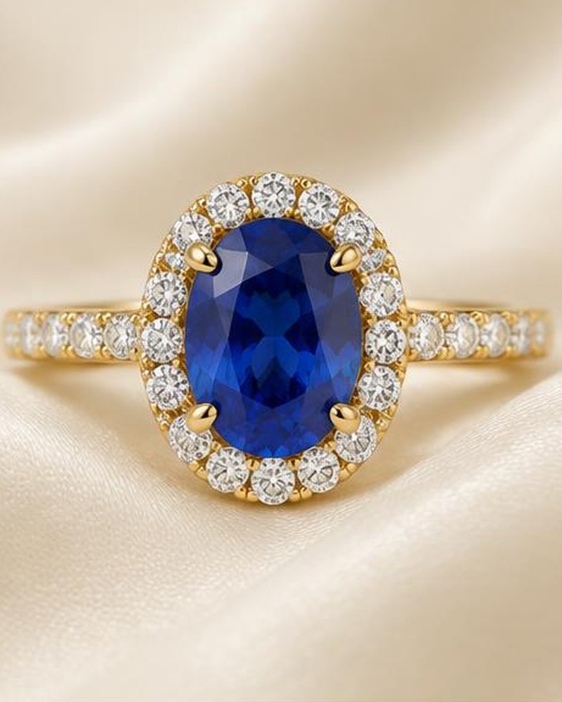 Gold Blue Stone Oval Halo Engagement Ring