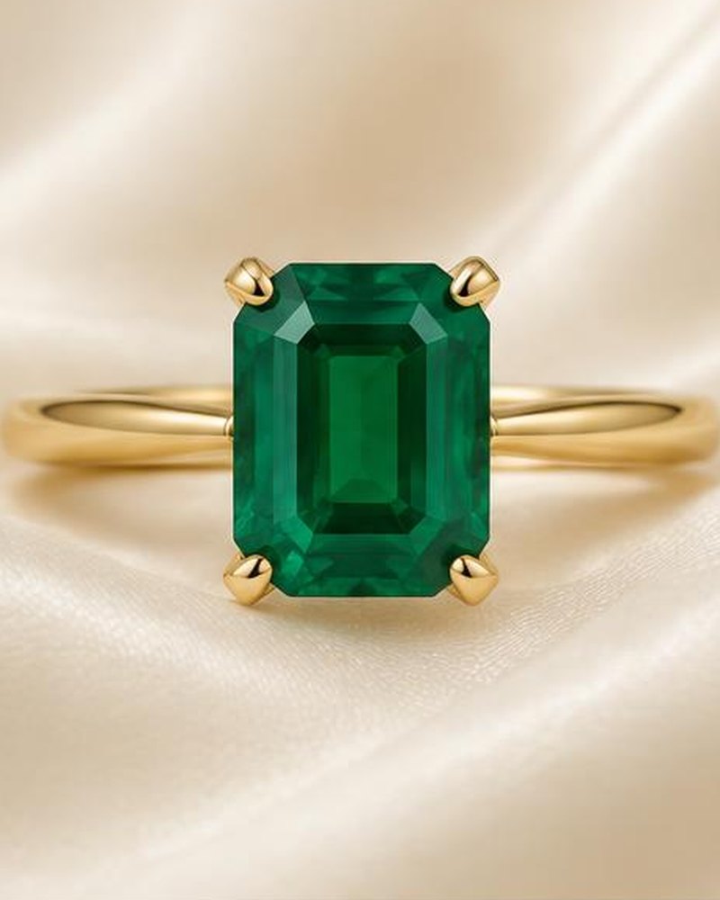 Gold Green Stone Emerald-Cut Engagement Ring