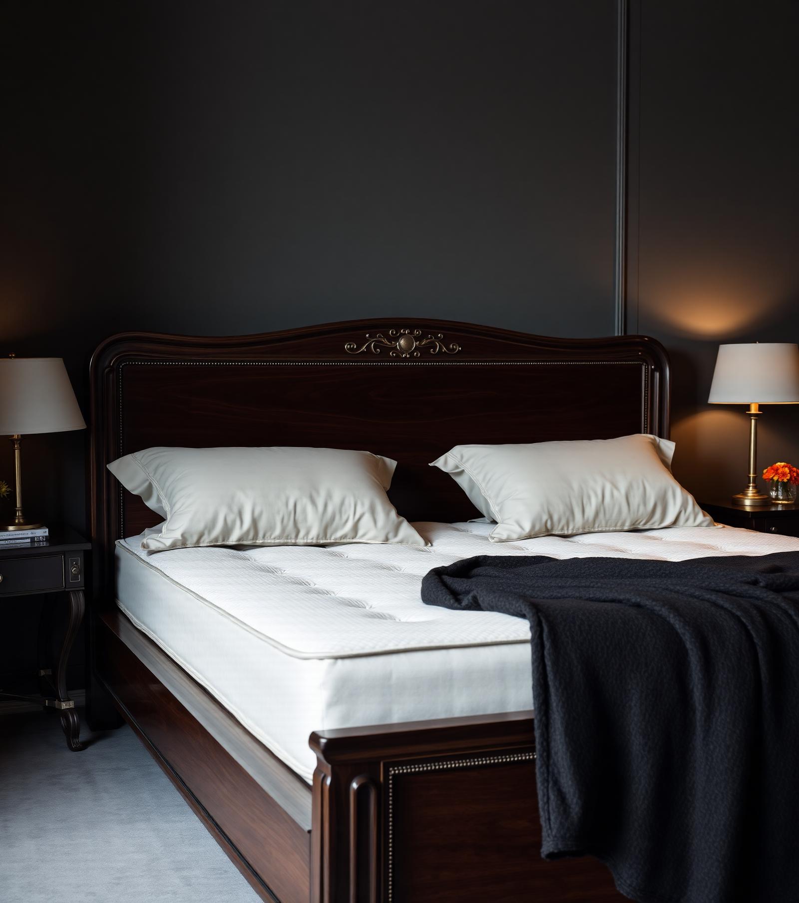 Hand-tufted luxury mattress on a walnut bedstead in a moody Parisian bedroom