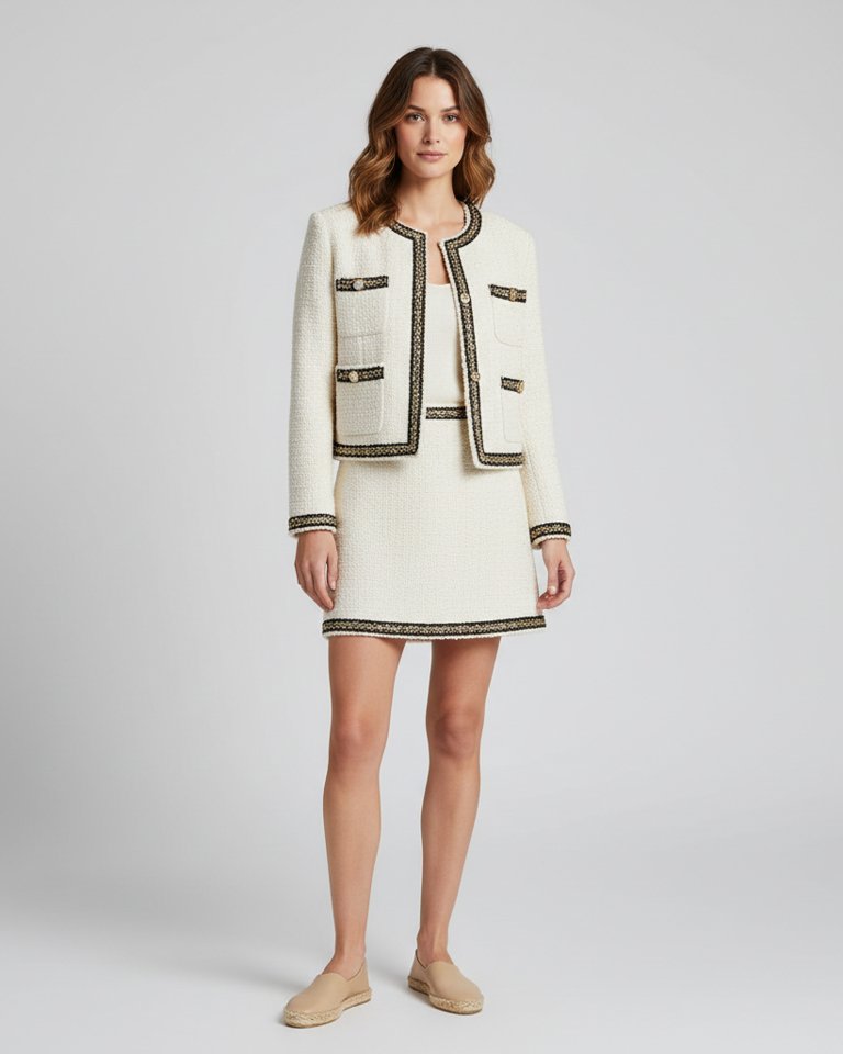 Ivory Tweed-Look Jacket & Skirt Matching Set