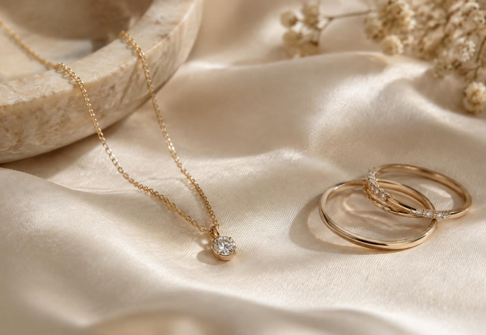Gold necklace and stacked rings on ivory silk