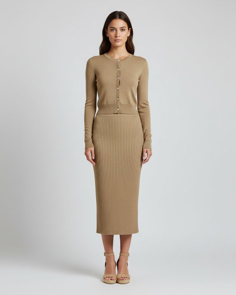 Khaki Knit Cardigan & Midi Skirt Matching Set