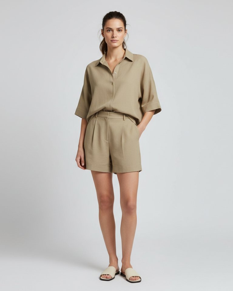 Khaki Linen-Look Shirt & Shorts Matching Set
