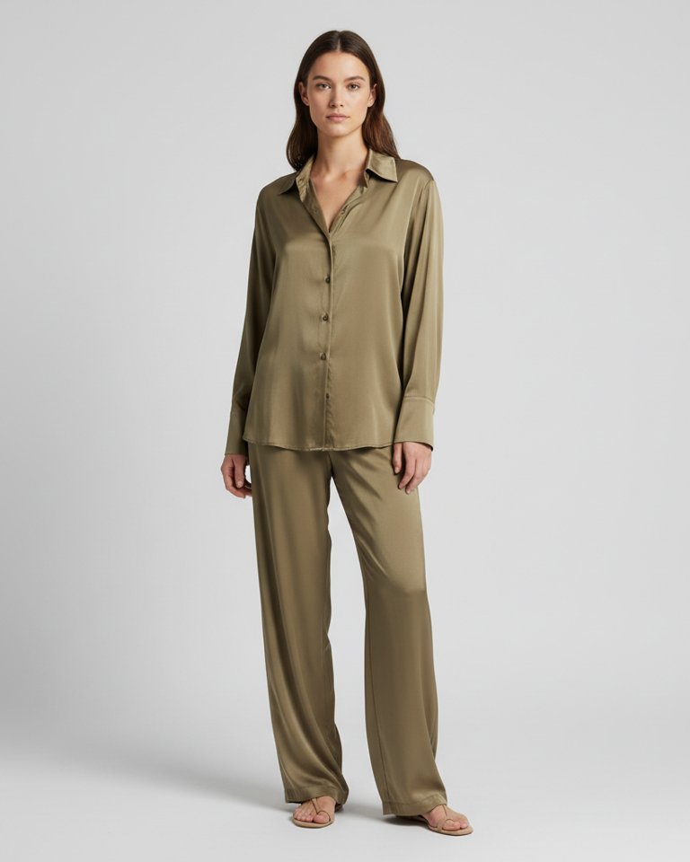 Khaki Satin Shirt & Wide Trousers Matching Set