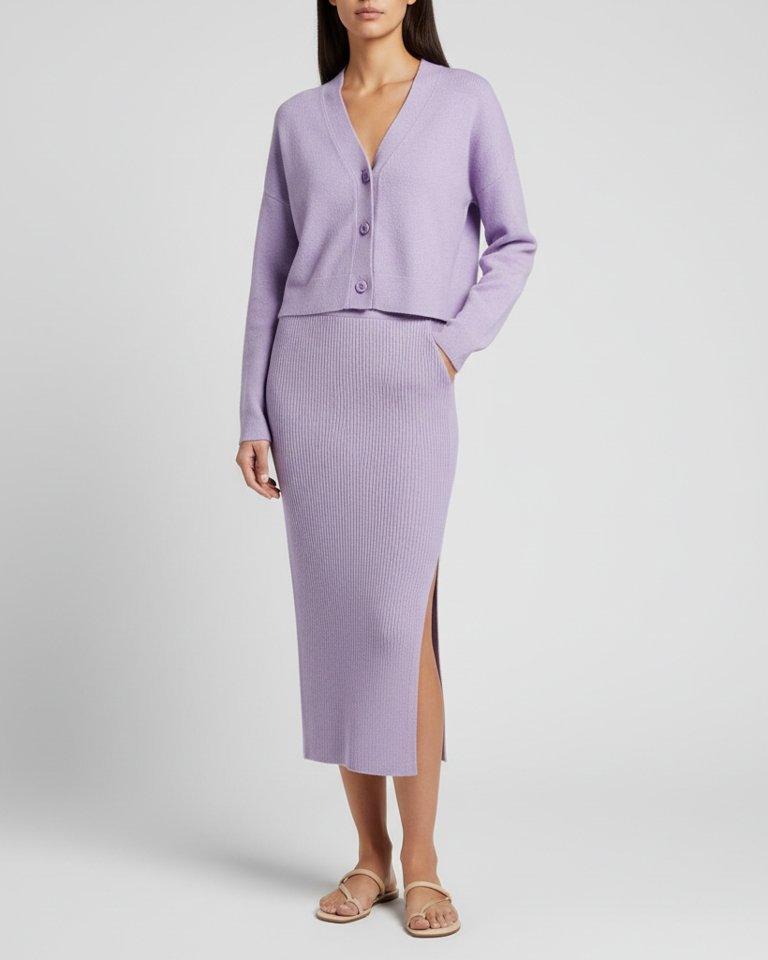 Lilac Knit Cardigan & Midi Skirt Matching Set