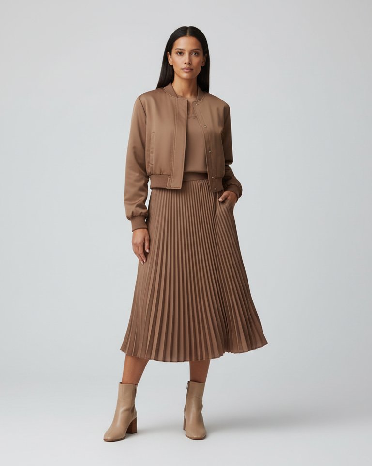 Mocha Bomber & Pleated Skirt Matching Set