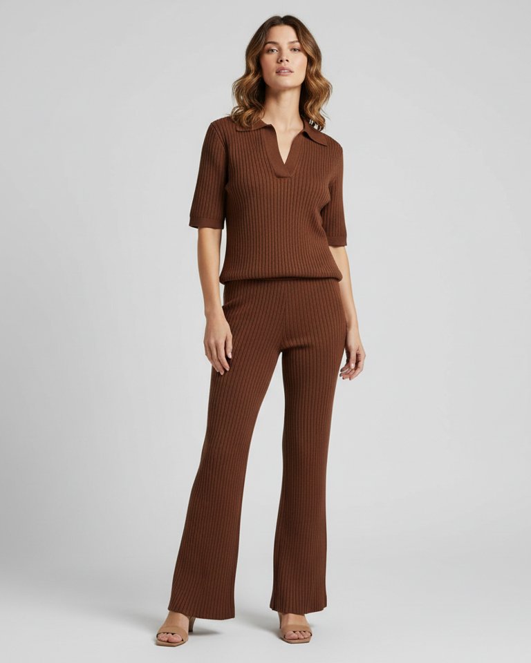 Mocha Ribbed Knit Polo & Flared Trousers Matching Set