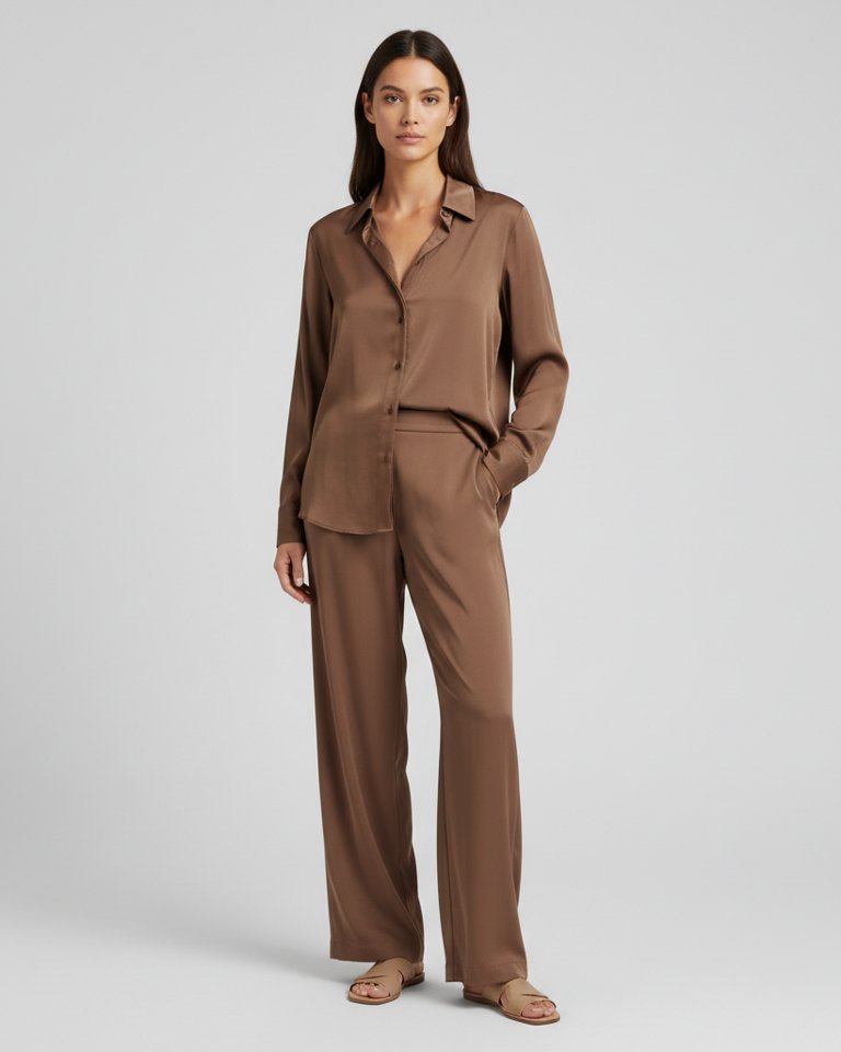 Mocha Satin Shirt & Wide Trousers Matching Set
