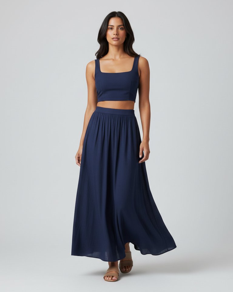 Navy Crop Top & Maxi Skirt Matching Set