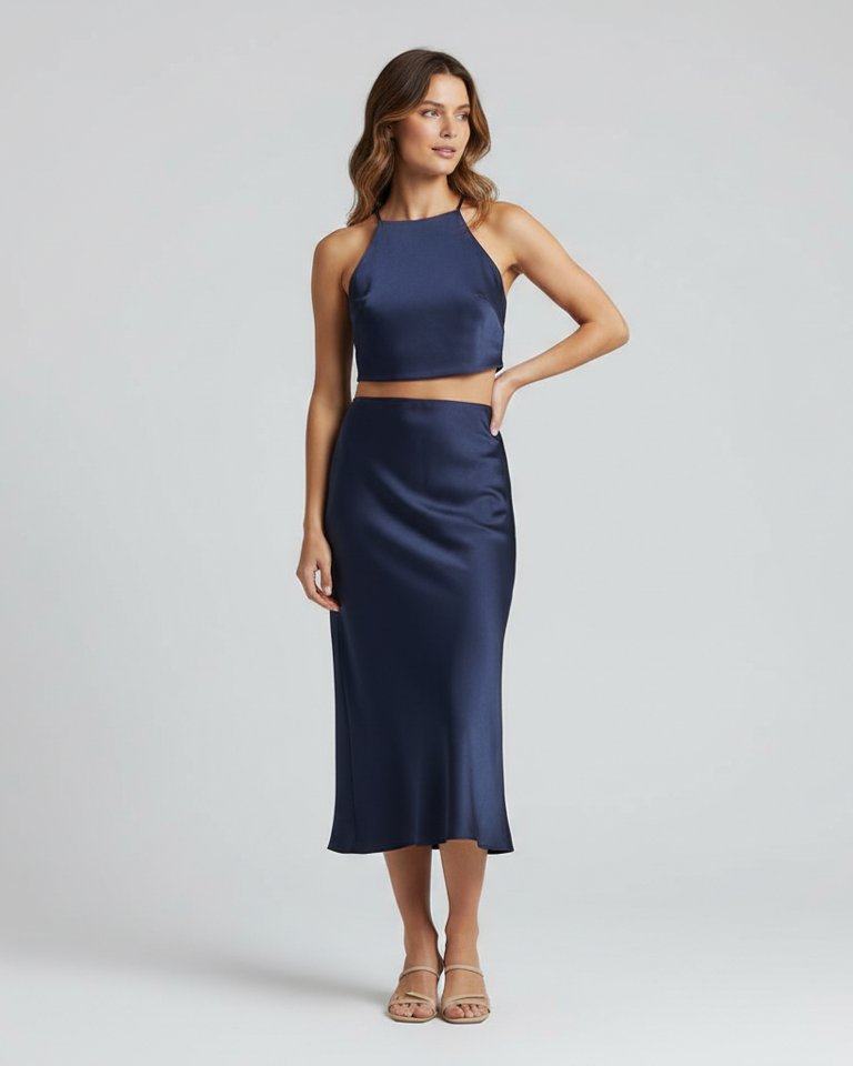Navy Halter Top & Bias Skirt Matching Set