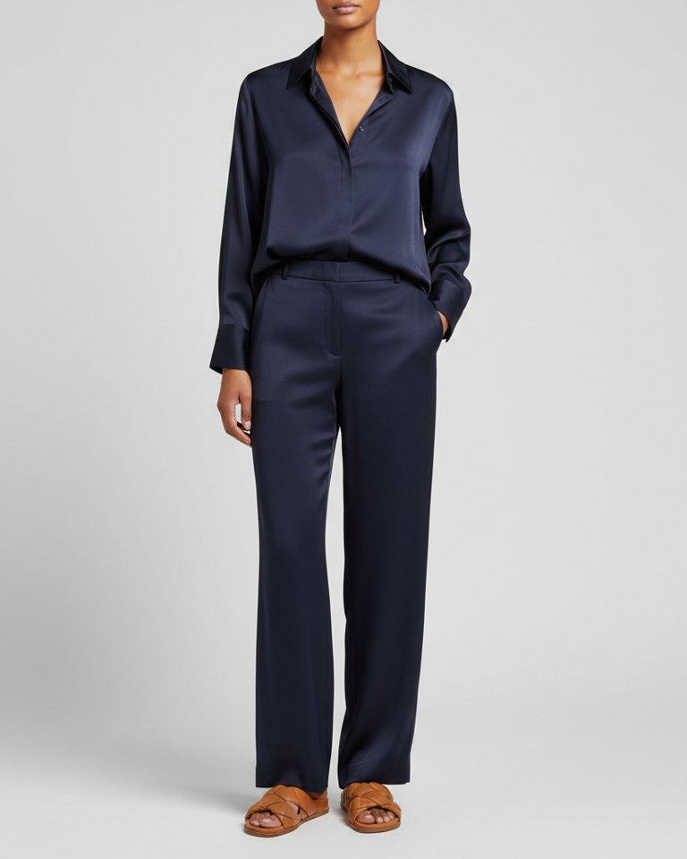 Navy Satin Shirt & Wide Trousers Matching Set