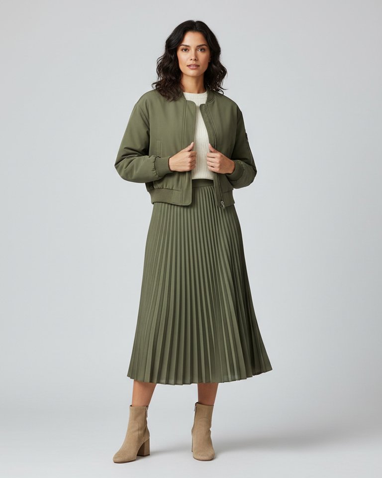 Olive Bomber & Pleated Skirt Matching Set