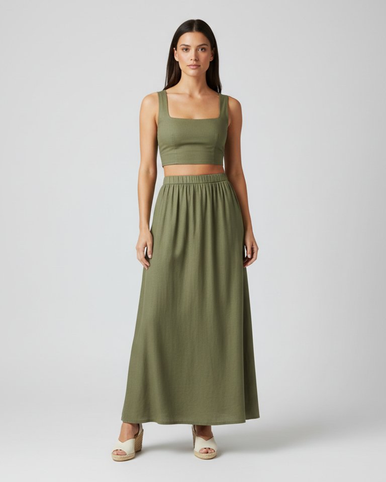 Olive Crop Top & Maxi Skirt Matching Set