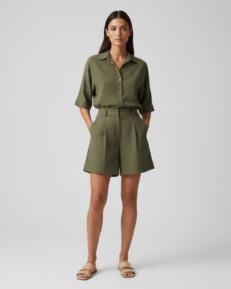 Olive Linen-Look Shirt & Shorts Matching Set