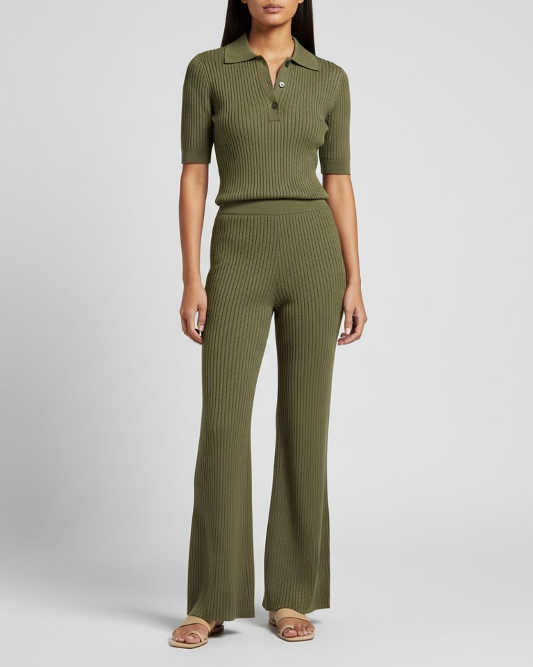 Olive Ribbed Knit Polo & Flared Trousers Matching Set