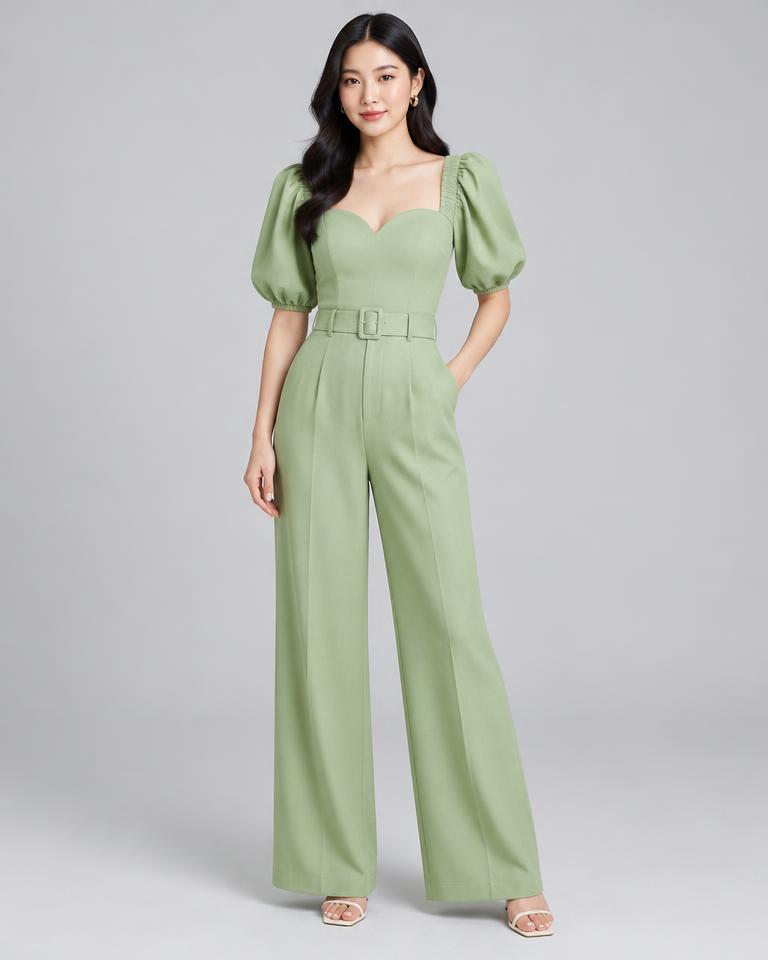 Pistachio Puff-Sleeve Jumpsuit
