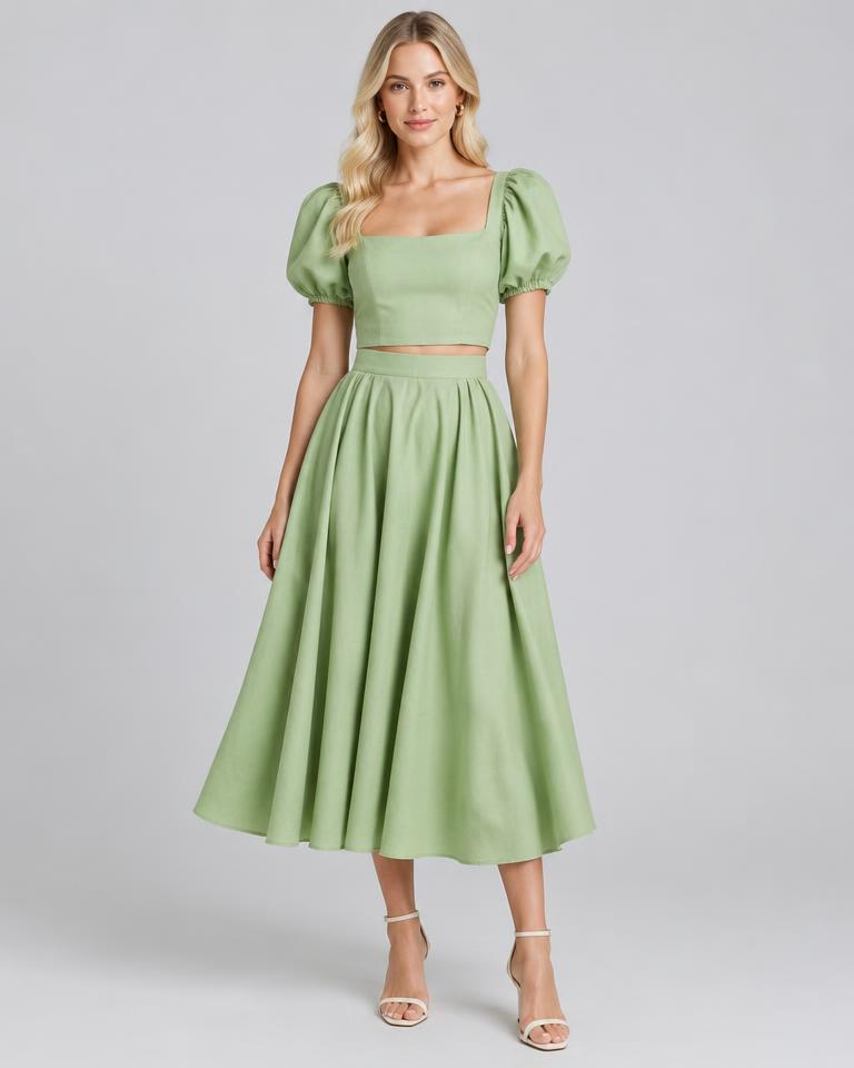 Pistachio Puff-Sleeve Two-Piece