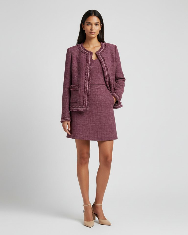 Plum Tweed-Look Jacket & Skirt Matching Set