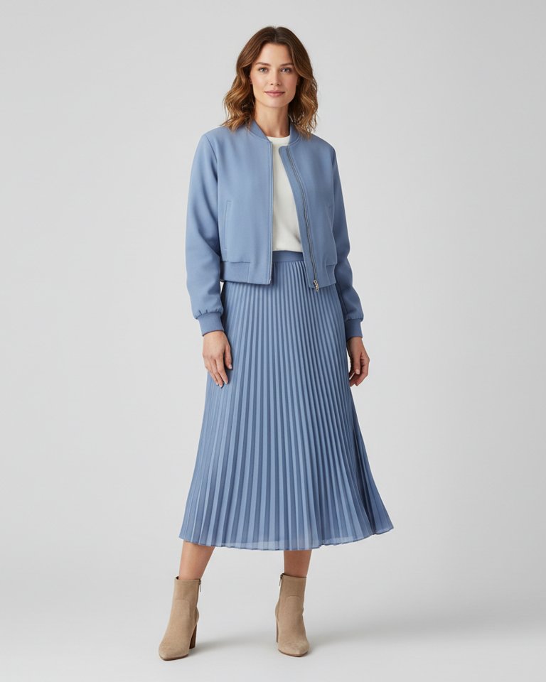 Powder Blue Bomber & Pleated Skirt Matching Set